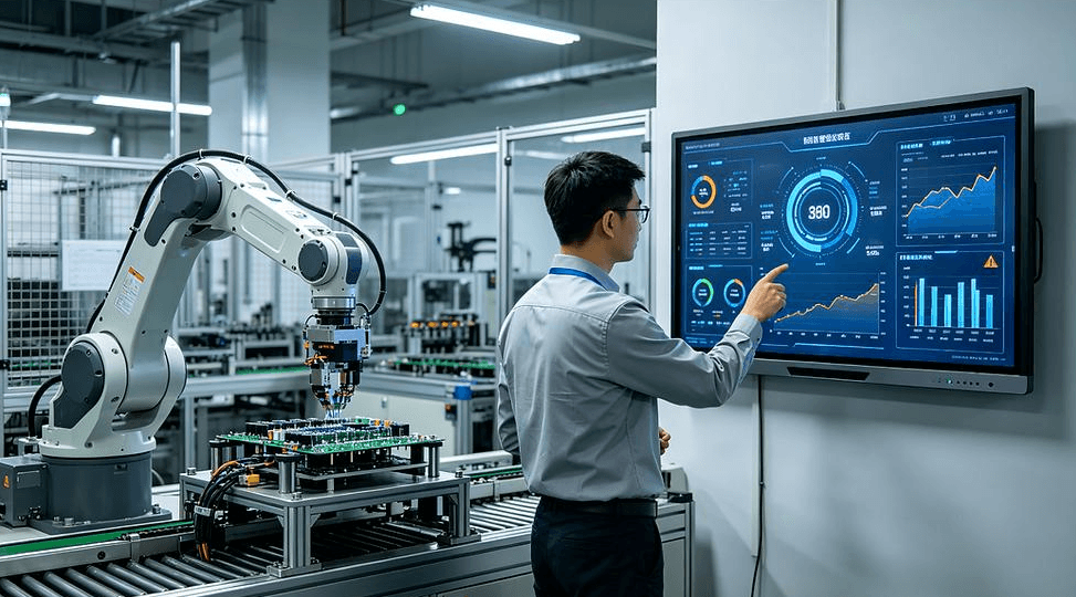 Engineer monitoring an automated manufacturing production line