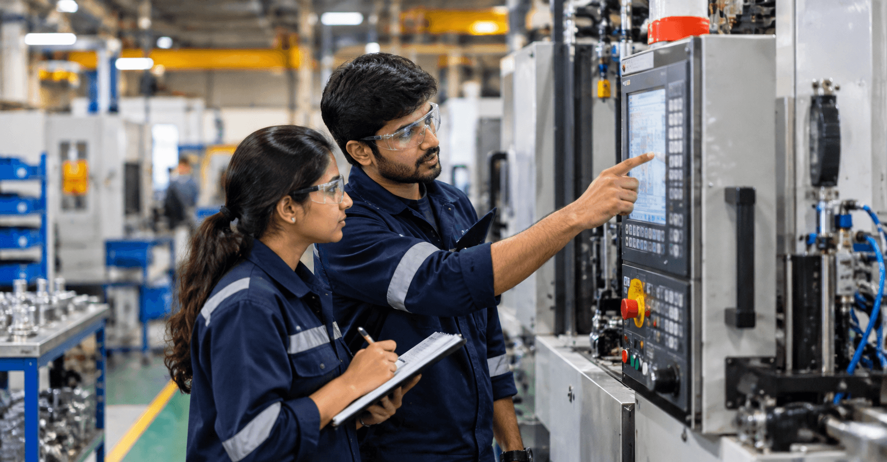 Engineers reviewing automated production equipment