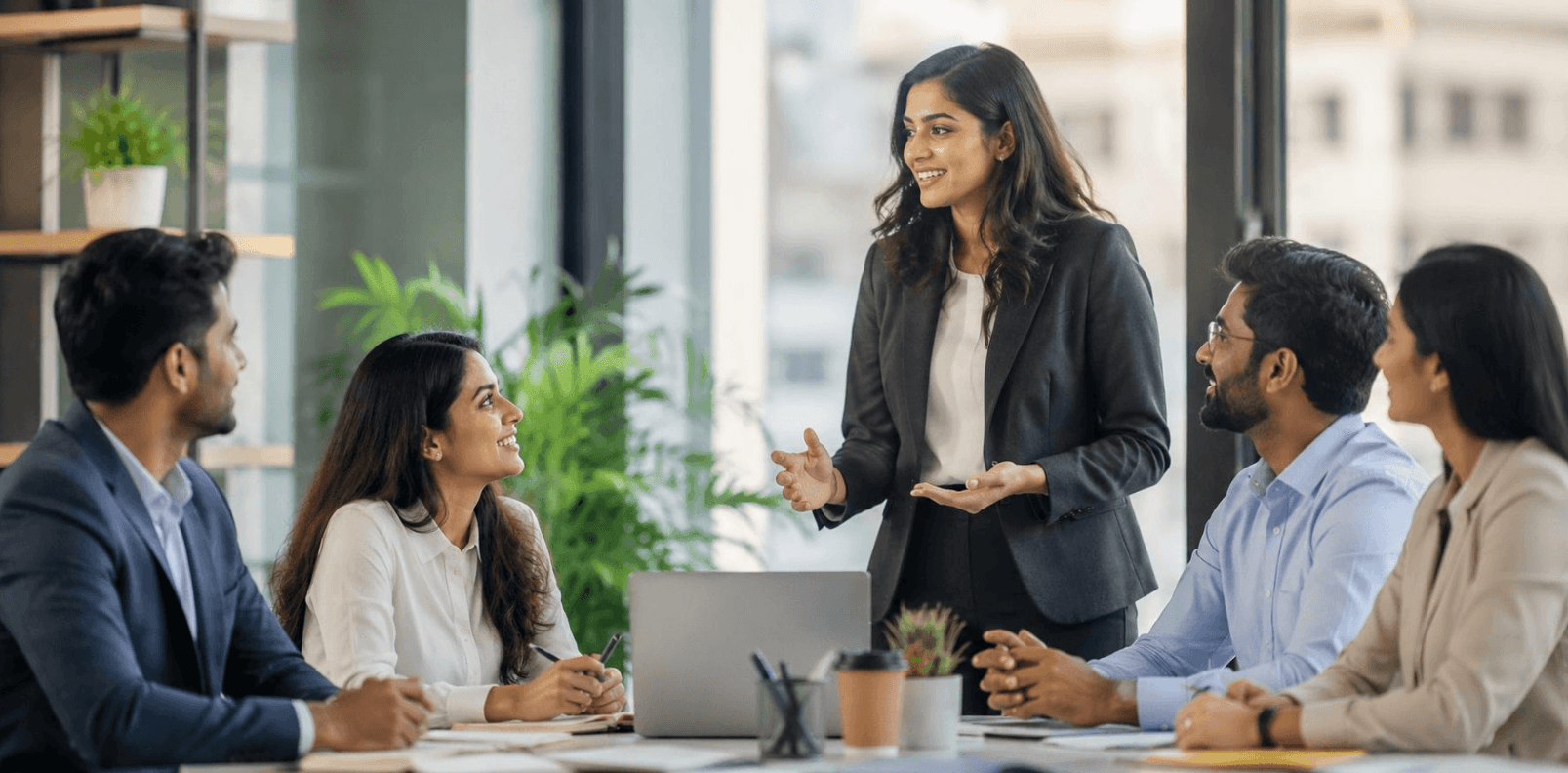 Professionals sharing ideas during a team meeting